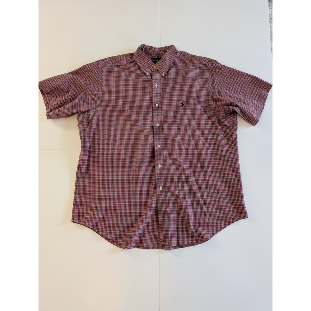 Ralph Lauren Classic Fit Button Down Shirt XXL Red Tartan Plaid Short Sleeve Pol